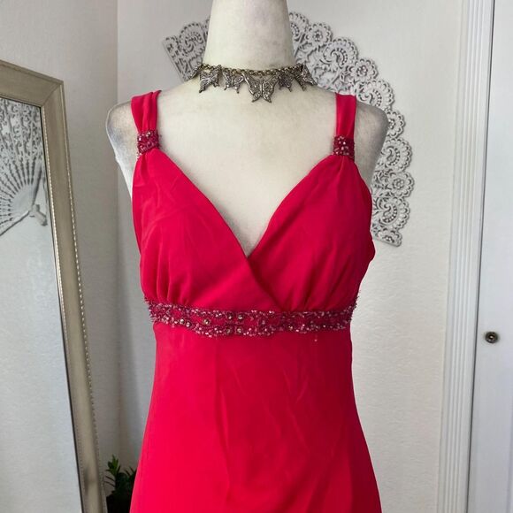 Vintage Early 2000's Bright Fuchsia Pink Beaded Asymmetric Flowy Midi Dress S - Picture 3 of 7